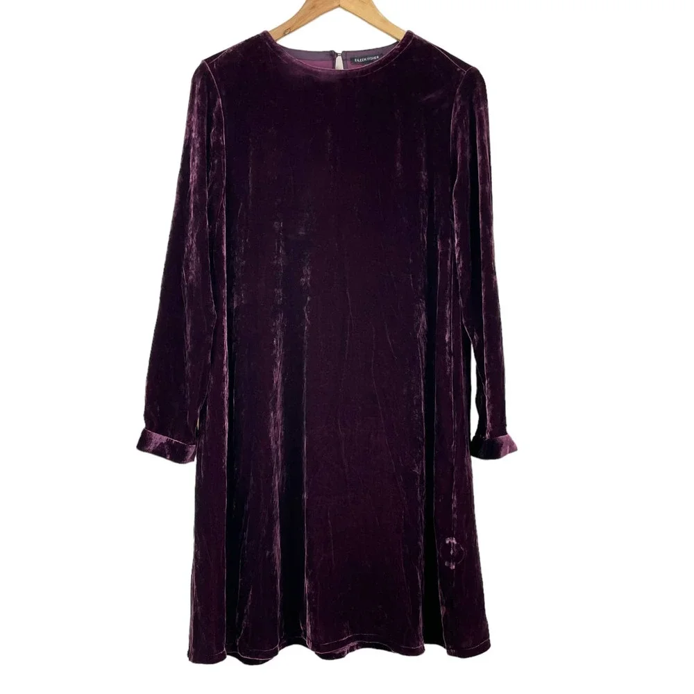 Eileen Fisher NWOT Velvet Crew Neck Dress Size S Purple Silk Blend Pockets Shift - Picture 5 of 12